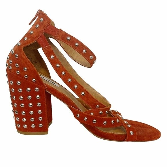 FARA-S Steve Madden Studded Rust Orange Suede Chunky Block Heel Strappy Sandal - Picture 7 of 15